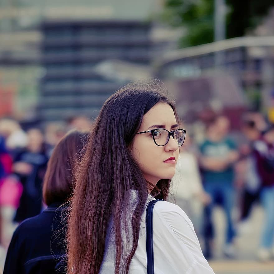 Girl, Looking Back, Eyeglasses, Long Hair, Young Woman, Female, Street, Crowd, Urban, City