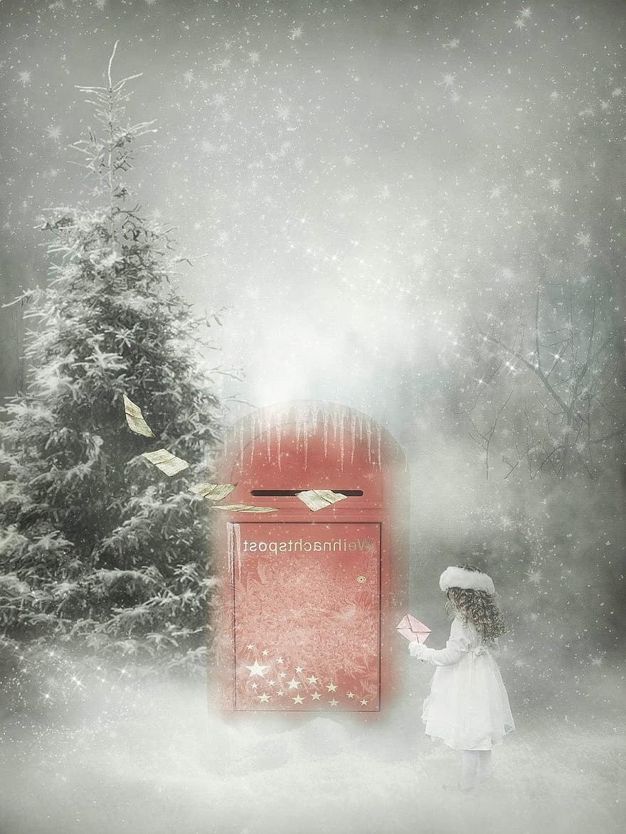 κορίτσι, δέντρο, γραμματοκιβώτιο, νιφάδες χιονιού, φόντο, Ιστορικό, αφηρημένη, τέχνη, ύφασμα, χιόνι, χειμώνας