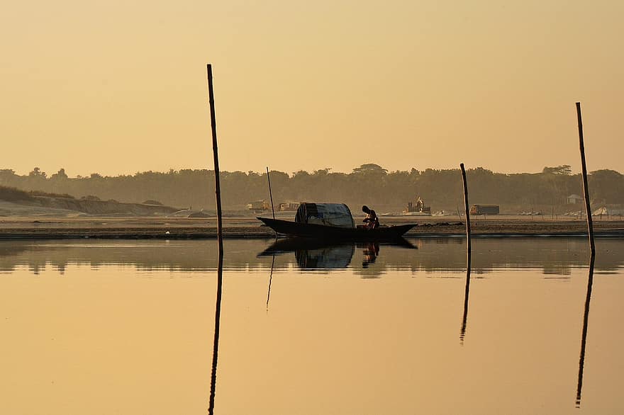 Boat, River, Water, Fishing, Nature, Fisherman, Reflection, Fishing Boat, Calm Waters, Water Reflection, Mirroring