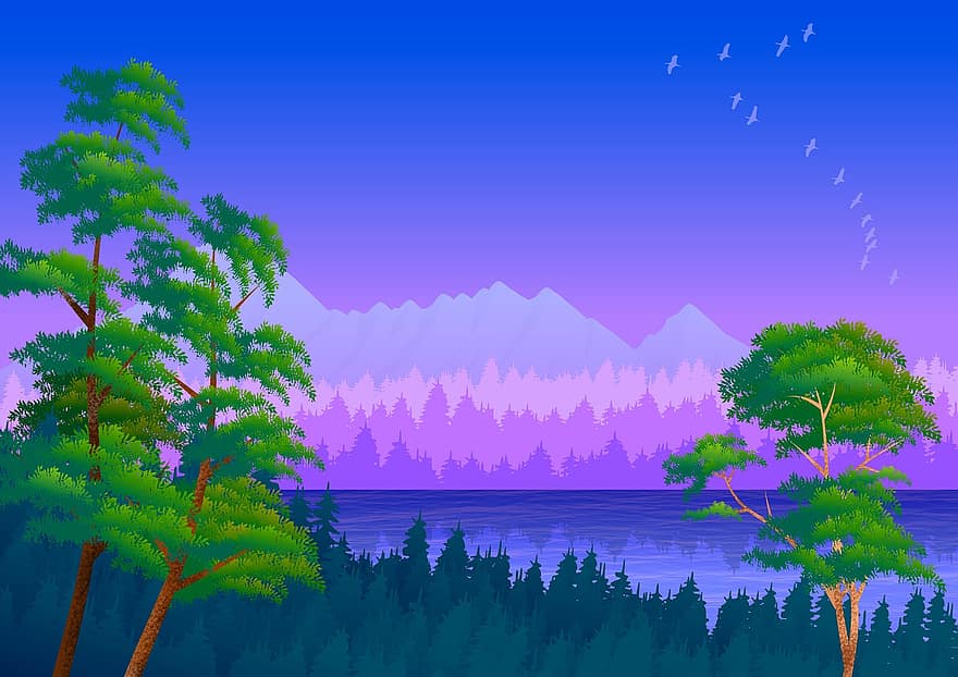 Landscape, Illustration, Nature, Sky, Twilight, Trees, Forest, Blue, Purple, Green, Water