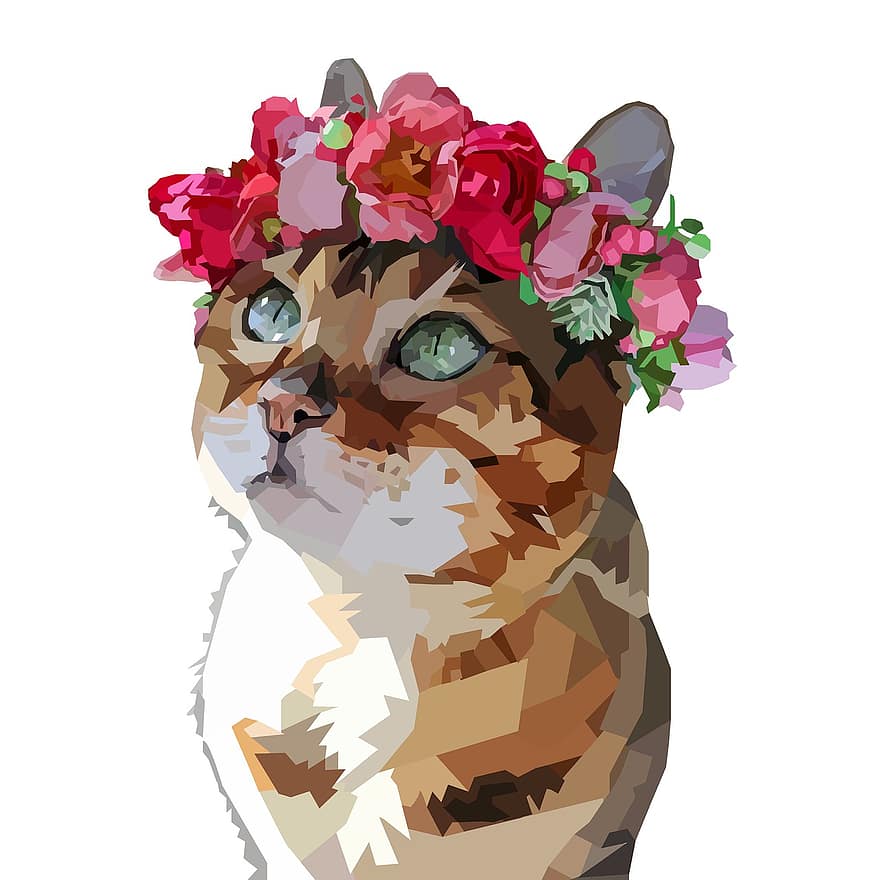 katt, kjæledyr, blomsterkrone, portrett, feline, dyr, søt, bedårende, brindle katt, pus, kattunge