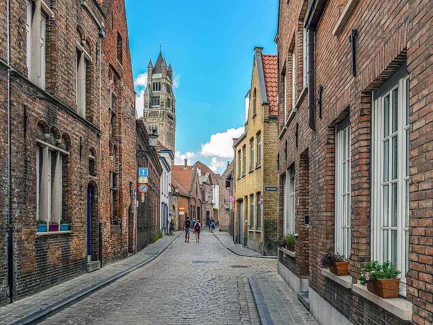 carrer, edificis, arquitectura, ciutat, vell, històricament, idíl·lic, turisme, Bruges