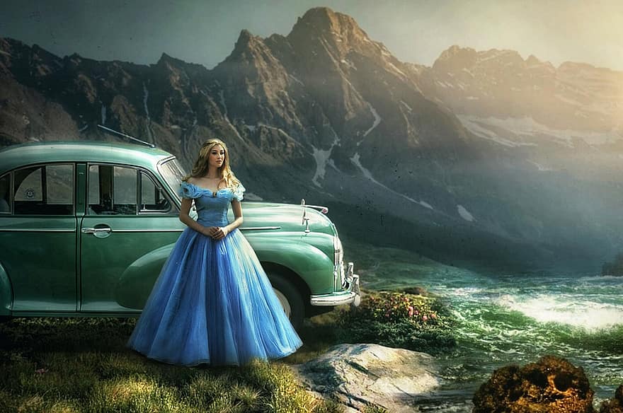 Girl, Dress, Car, Mountains, Water, Stand, Stare, Nature