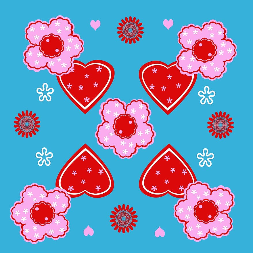 รูปแบบ, หัวใจ, ดอกไม้, สีน้ำเงิน, สีชมพู
