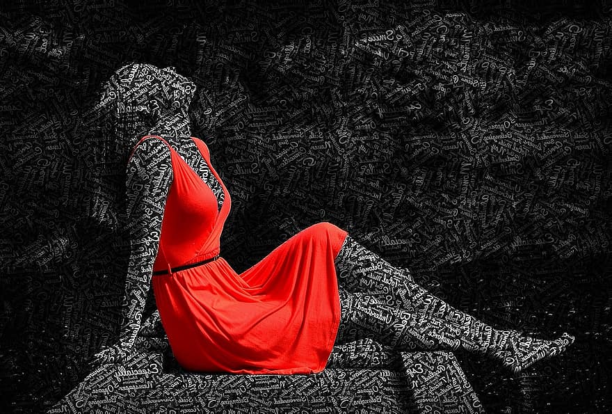 mujer, pensativo, diseño, creativo, atractivo, rojo, vestido, en blanco y negro, niña, sentado