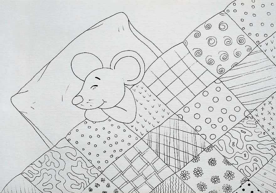 쥐, 꿈, 자다, 침대, 담요, 베개, 스케치, 그림, 착색, 자고있는, 아이