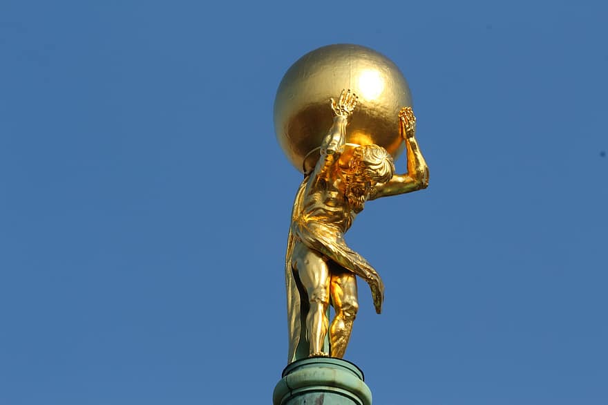 atlas, statua, Poczdam, złoto, rzeźba, wieża, złoty posąg, punkt orientacyjny, niebieski, symbol, złoty kolor