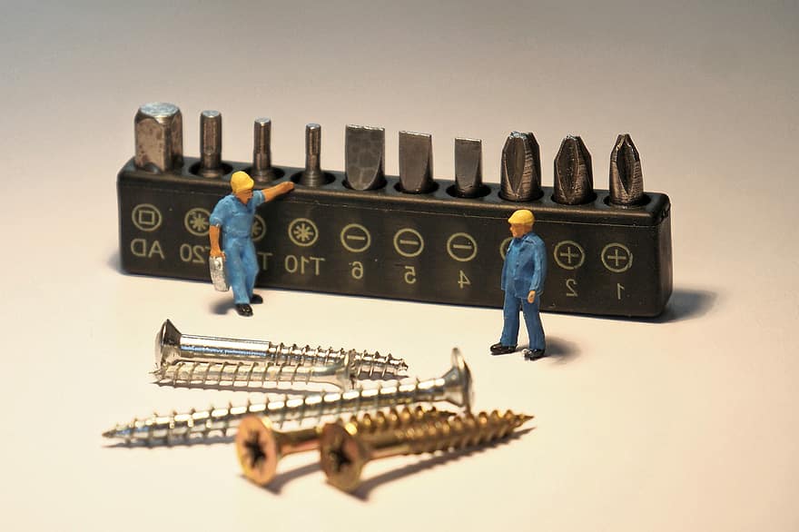 miniature figurer, arbejdere, mekaniker, skruer, bits, skruenøgle, byggebranchen, arbejder, industri, herrer, beskæftigelse