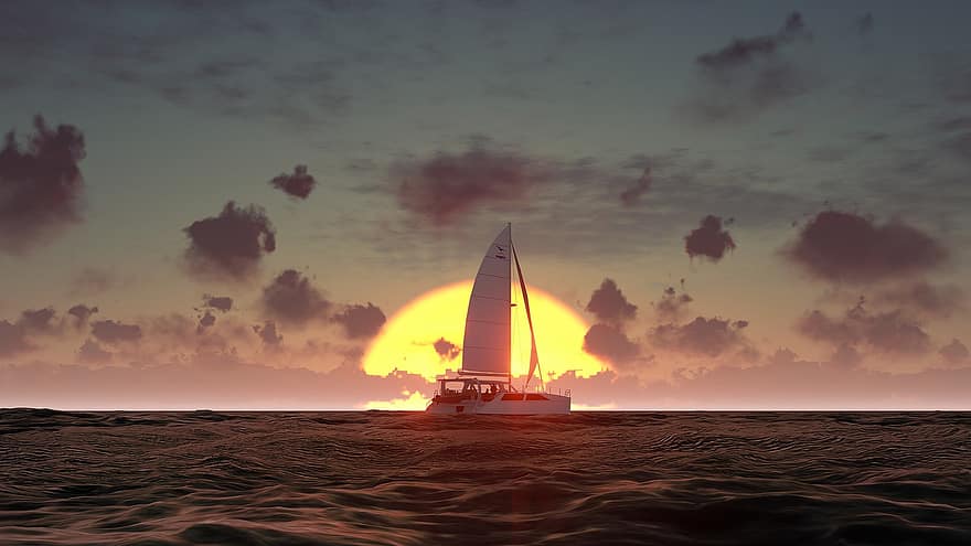 jacht, napnyugta, vitorla, tenger, óceán, tengeri tájkép, szürkület, horizont, hajó, vitorlázás, vitorlás