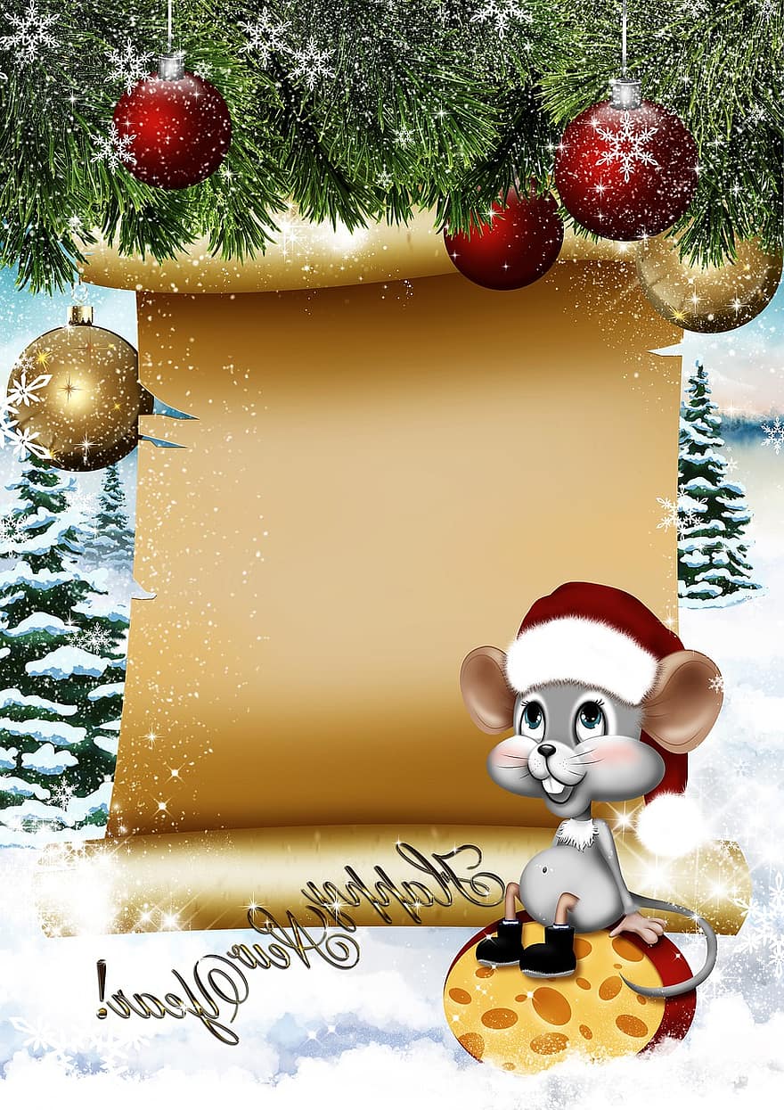 New Year, Christmas, Card, Background, Mouse, Spruce, Decoration, Winter, Holiday, Animal, Rat
