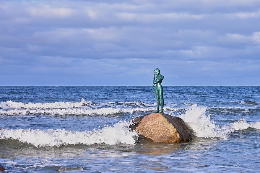 Mar Bàltic, platja, escultura, pedra, fons, mar, oceà, aigua, homes, dones, estiu