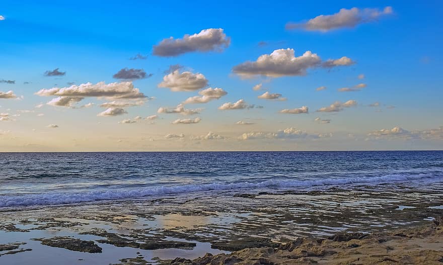 de praia, mar, cenário, céu, nuvens, horizonte, natureza, Ayia Napa, Chipre, por do sol, verão
