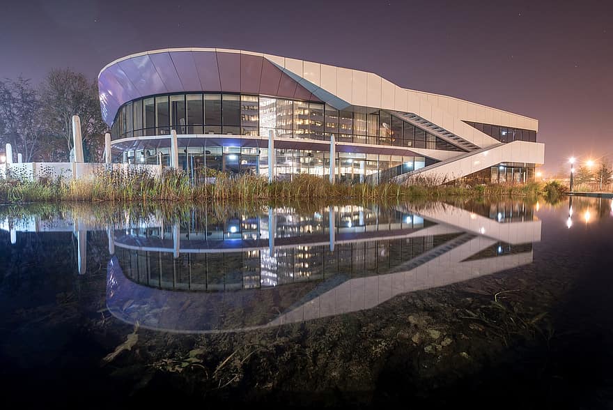 Building, Glass, Facade, Corporate, Office, Reflection, Pond, Water, Night, Architecture, Modern