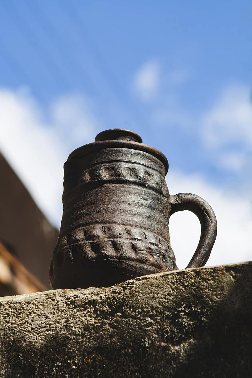 jarro, pote, recipiente, bebida, madeira, velho, fechar-se, antiquado, único objeto, metal, oxidado