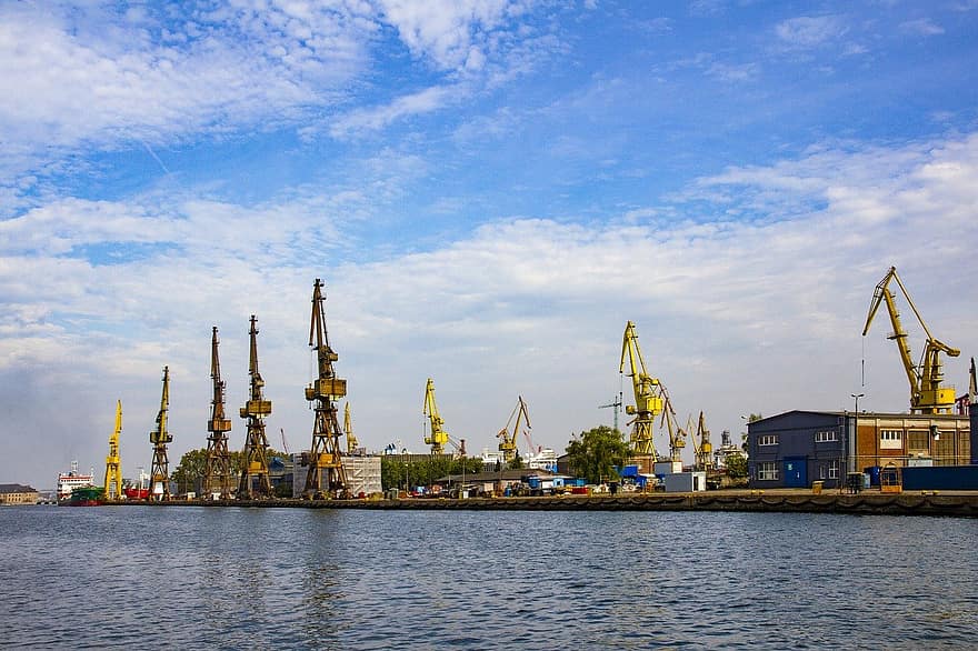 șantierul naval gdansk, macarale, port, macara, mașinărie de construcție, dock comercial, livrare, container de încărcătură, transport de marfă, industrie, transport