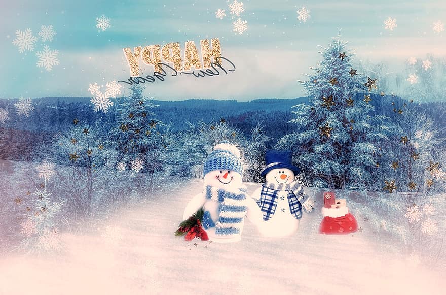 snømann, snø, trær, skog, natur, vinter, kald, jul, feiring, gratulasjonskort, postkort
