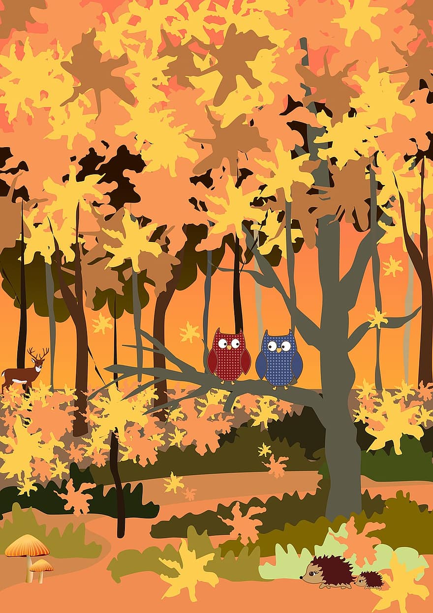 есен, гора, животни, сови, птици, абстрактен, Хирш, таралеж, листа, обичам, приятелство
