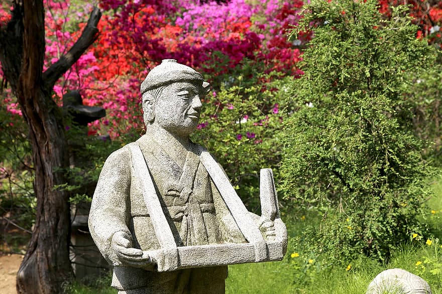 mężczyzna, rzeźba, park, dekoracyjny, statua, kamienny posąg, ogród, koreański, Yeosjangsu, Korea Południowa, 엿장수