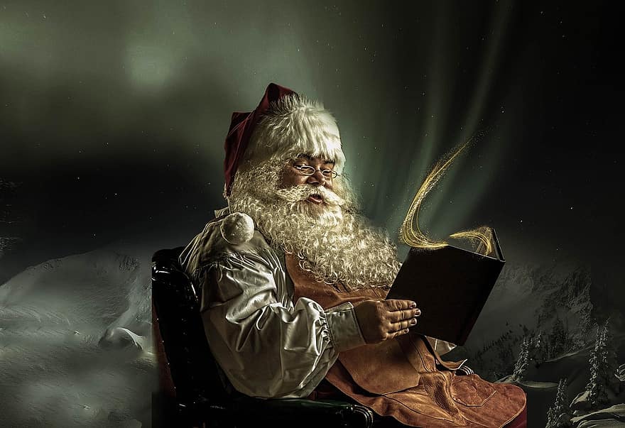 Papá Noel, libro, auroras boreales, tiempo de Navidad, Navidad, Aurora