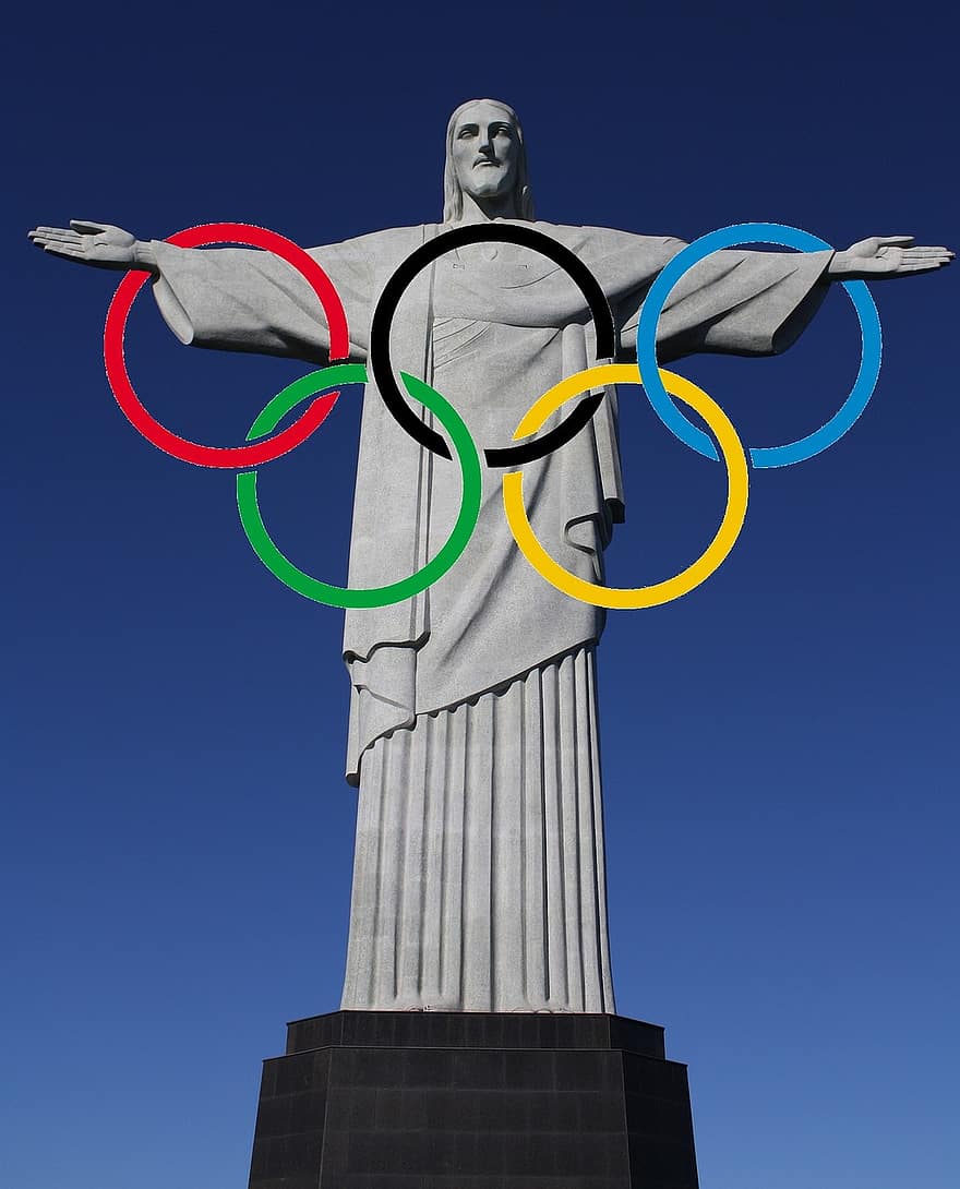 фигура Христа, олимпийские кольца, Рио де Жанейро, Бразилия, Олимпийские игры, 2016, спорт, соревнование, победитель, медали, помещенный