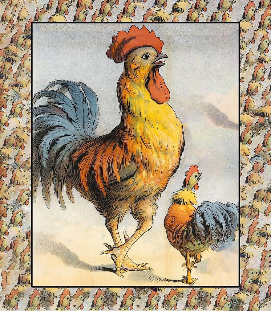 Rooster, Portrait, Chicken, Animal, Farm, Vintage, Colorful, Antique, Painting, Cartoon, Poultry