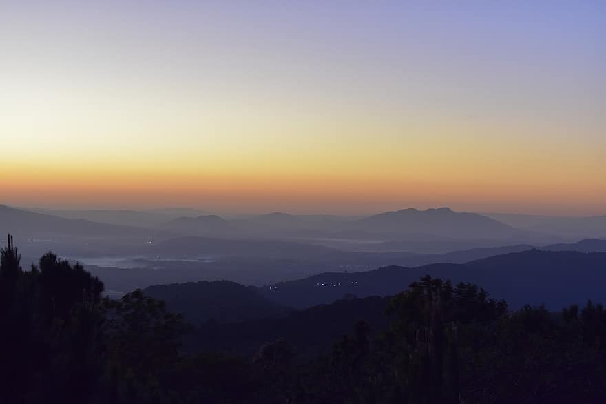 El Salvador, natureza, nascer do sol, montanhas, cadeia de montanhas, silhueta, horizonte, crepúsculo, alvorecer, névoa