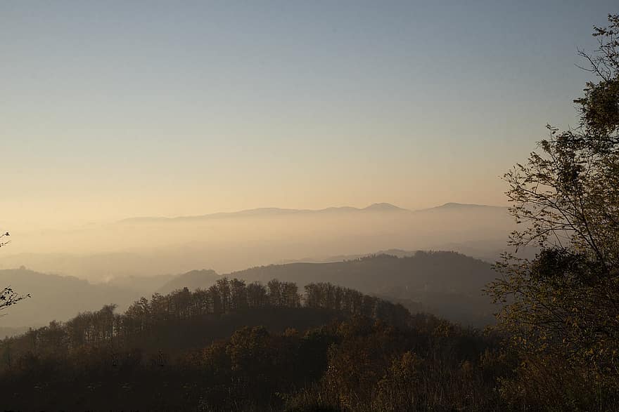 kalnai, rūko kraštovaizdis, ryte, horizonto, kaimo, miglotas, rudenį, rūkas, medžiai, Europa, ruduo