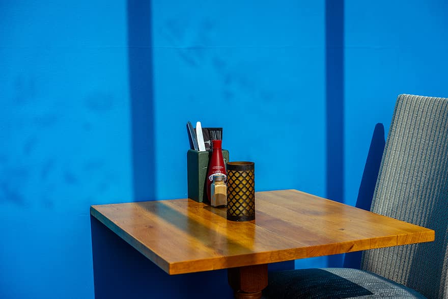 empty, table, cafe, restaurant, blue, wall, objects, chair, design, seat, bar
