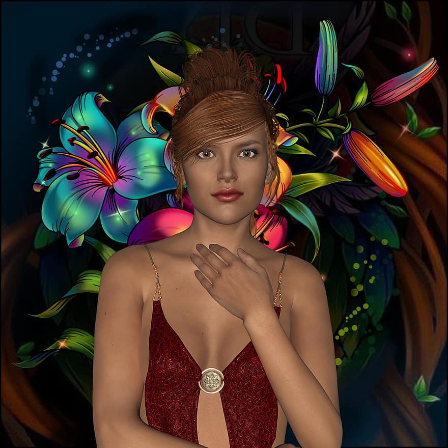 Hintergrund, Blumen, Prinzessin, Fantasie, weiblich, Charakter, digitale Kunst