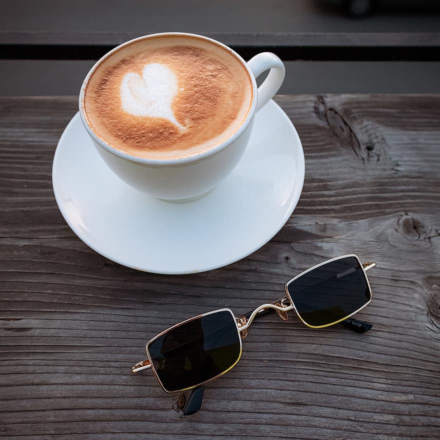 cappuccino, occhiali da sole, caffè, caffeina, bere, bevanda, mattina, tavolo, legna, avvicinamento, occhiali