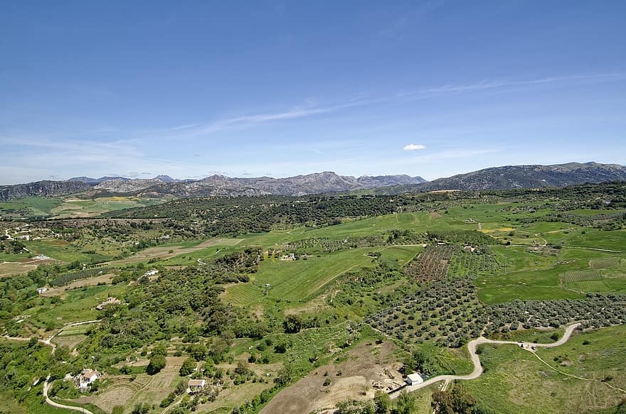 Ispanija, Andalūzija, Malagos provincija, kraštovaizdį, panorama, perspektyvos, kalnai, lauke, kaimo scenoje, kalnas, ūkis