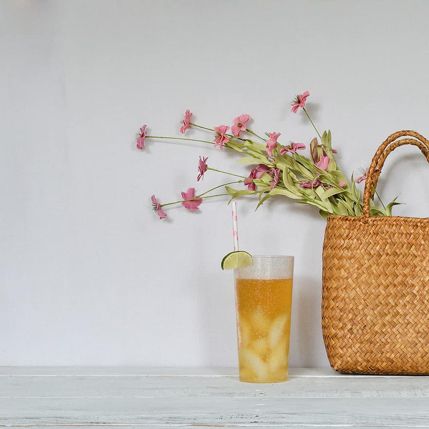Iced Tea, Beverage, Refreshment, Cold, Glass, Refreshing, Tea, Flowers, Basket, Woven, Healthy