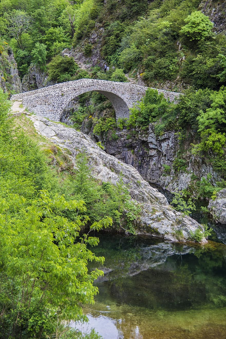 természet, szabadban, ördög hídja, Ardèche, folyó, átjáró, átkelés