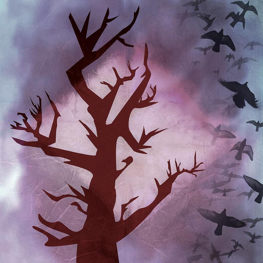 δέντρο, στέμμα, Δολοφονία κοράκων, σμήνος, στοιχειωμένος, έννοια, τέχνη, φύση, μαύρος, ζώο, σιλουέτα