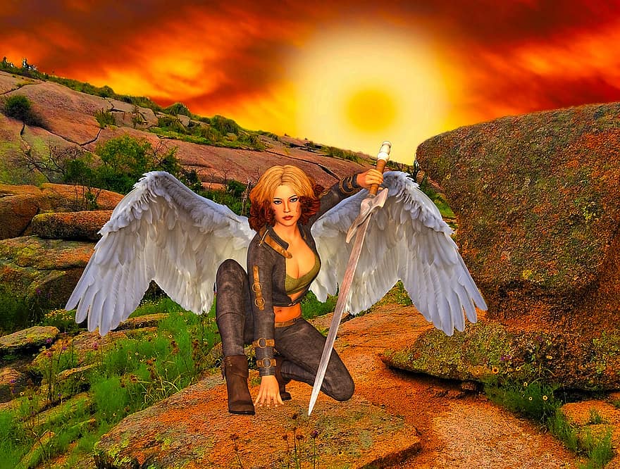 Warrior Angel, Angel, Landscape, Colorful, Sun, Guardian Angel, Sword, Wings, Beautiful, Intense, Determined