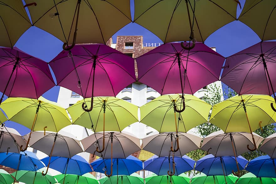 paraplyer, stad, utomhus-, gata, regn, urban, färgrik