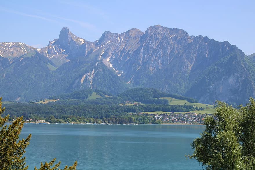 montanhas, stockhorn, aldeia, lago, agua, bernese oberland, panorama, Suíça, Alpes, perspectiva, montanha