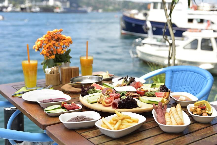 snídaně, jídlo, džem, Istanbul, Bospor, ráno, Lahodné, kavárna, zdravý, čerstvý