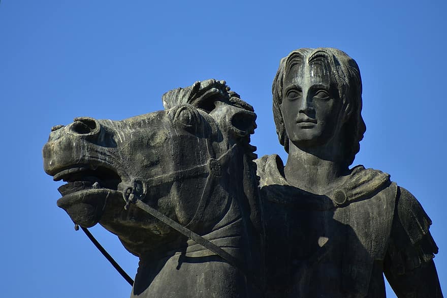 statua, rzeźba, niebo, koń, jeździec, Aleksander Wielki, król, cesarz, Aleksander, podbój, zdobywca