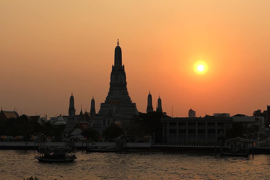 wat arun, západ slunce, Bangkoku, Thajsko, chrám, buddhistický chrám