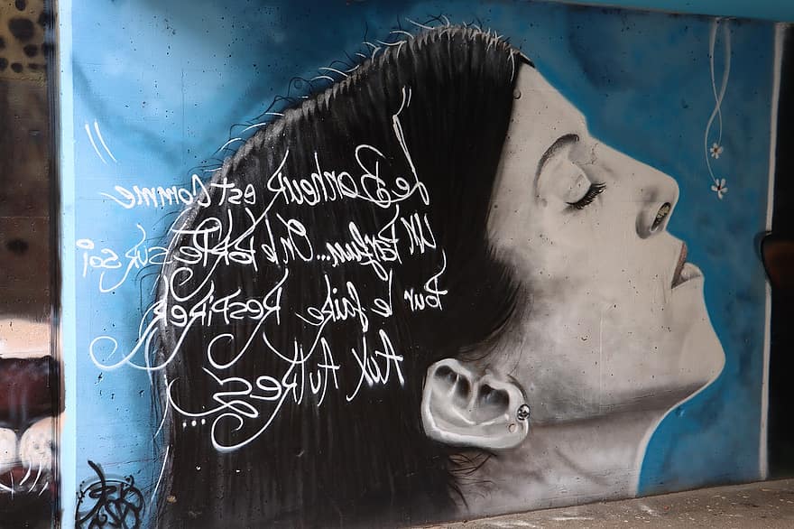 mulher, grafite, arte, parede, cabelo, face, Cheirar, nariz, emoções, arte de parede, mural