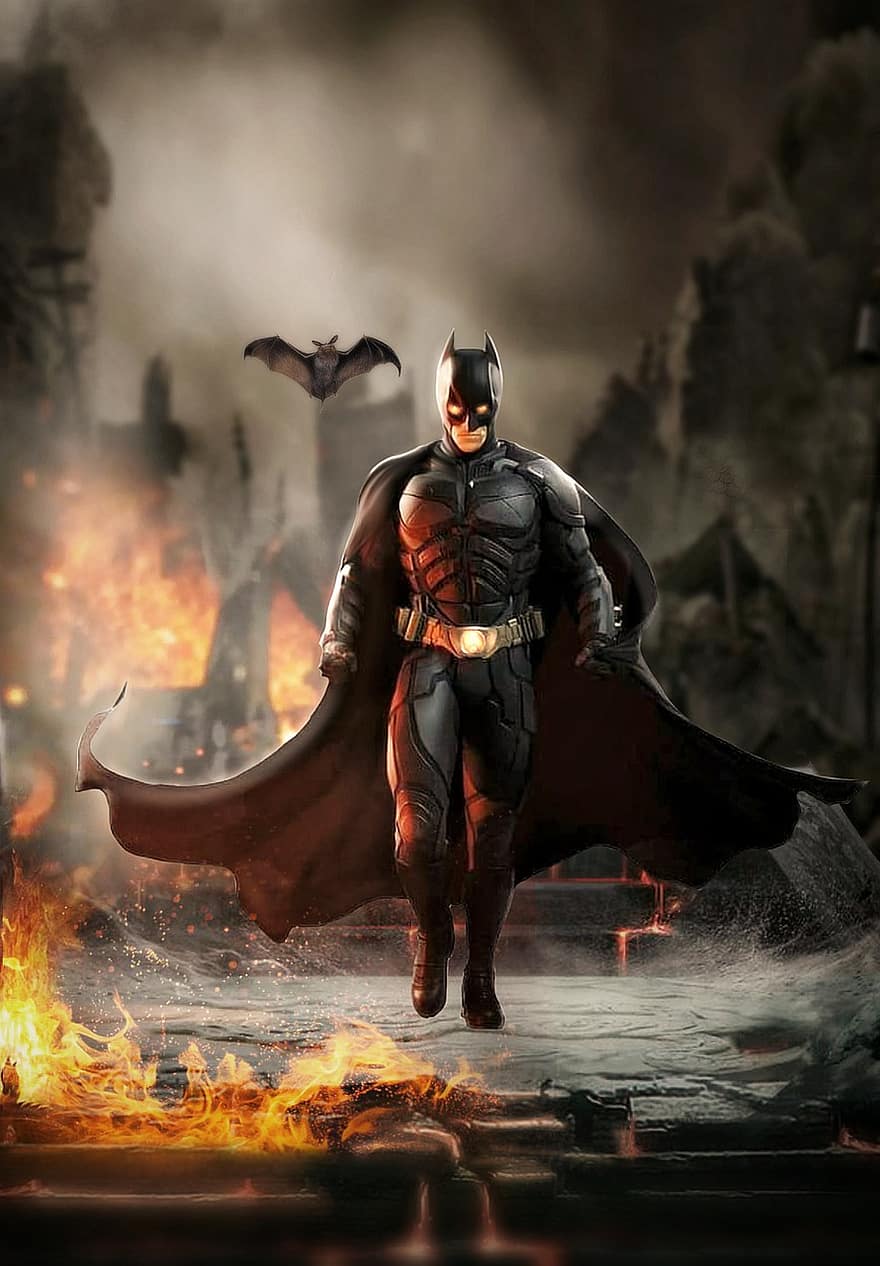 Bat-man, super hrdina, oheň, chůze, bojování, hořící, netopýr, noc
