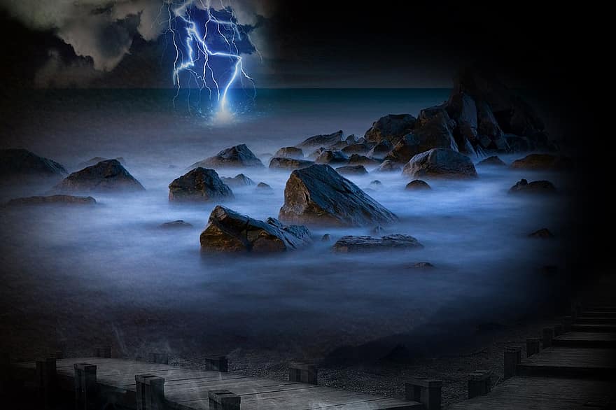 Lightnings, Ocean, Night, Rough, Clouds, Rocks, Shoreline, Sea, Water, Natural, Design