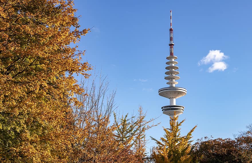 punto di riferimento, torre della televisione, architettura, autunno, paesaggio urbano, Heinrich-Hertz-tower, blu, albero, giallo, tecnologia, acciaio