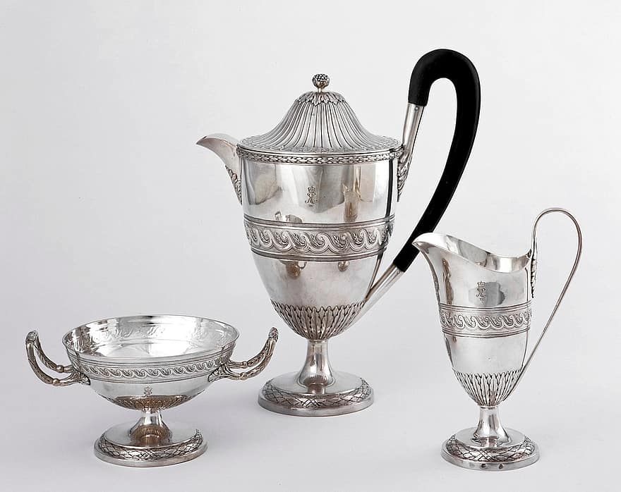 Silver Service, Coffee Service, Coffee Pot, Silver, Antique, Monogram, King George Iv, Silverware