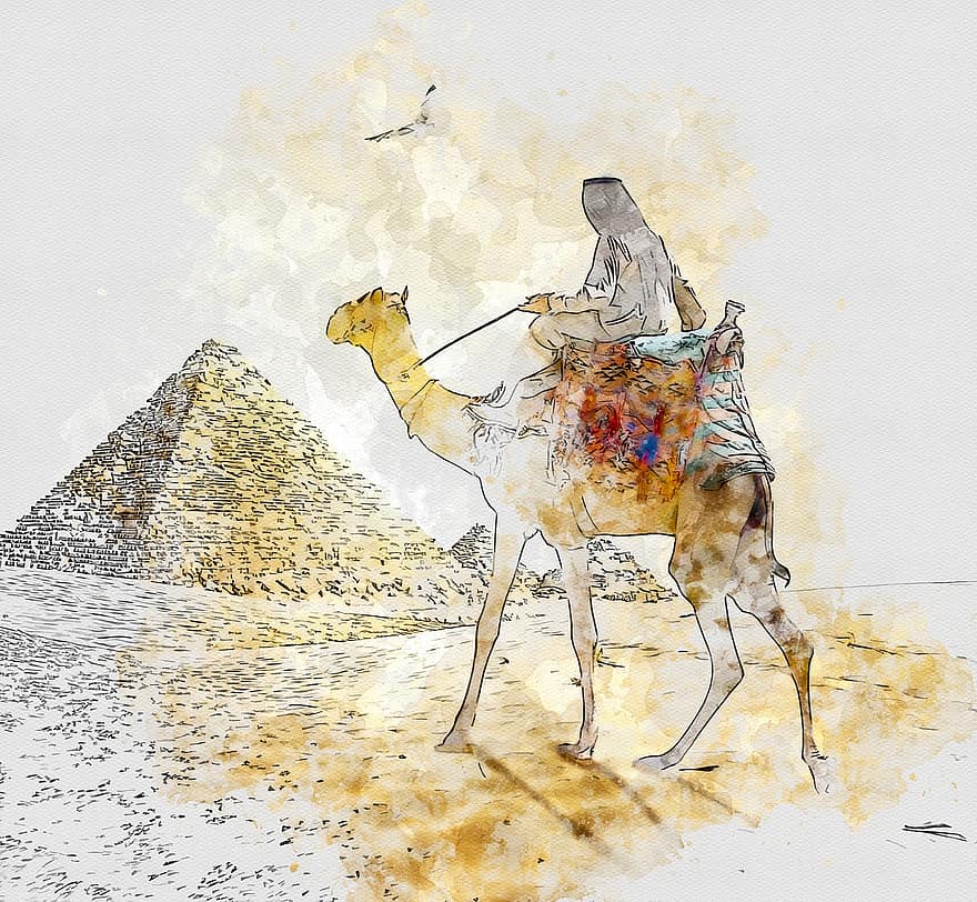 Ēģipte, tuksnesis, piramīdas, smiltis, kamielis, dzīvnieku, cilvēks, vīrietis, ainavu, giza, ceļot