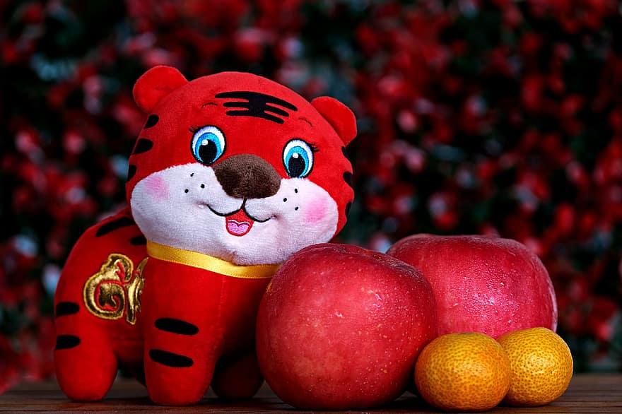 Tiger-Puppe, Früchte, Chinesisches Neujahr, Orangen, Äpfel, roter Tiger, traditionell, Chinesisch, Kultur, süß, Obst