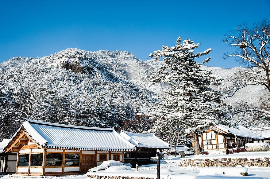 Korea, Tempel, Winter, Schnee, Bäume, Berge, kalt, Raureif, schneebedeckt, winterlich, Winterlandschaft