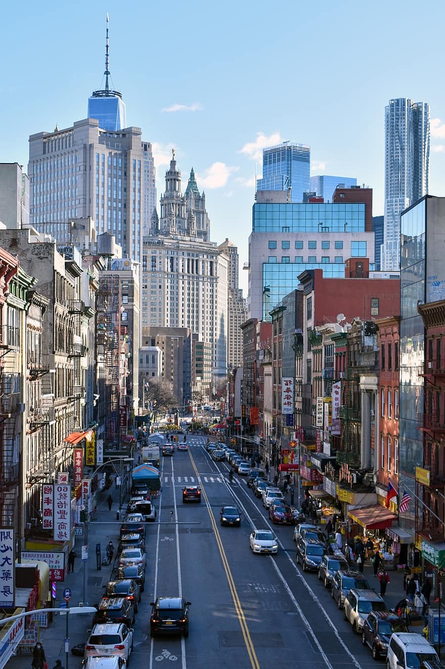 bygninger, skyskraber, gade, vej, biler, køretøjer, Trafik, by-, chinatown, Manhattan, nyc