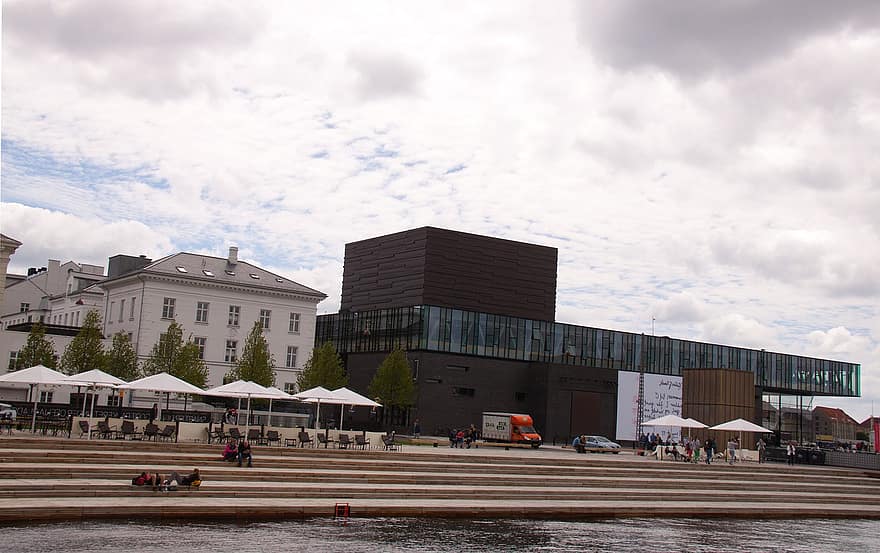 театр, сходи, гавань, будівлі, фасад, зовнішній, на відкритому повітрі, парасольки, кафе, Місце Офелія, Копенгаген